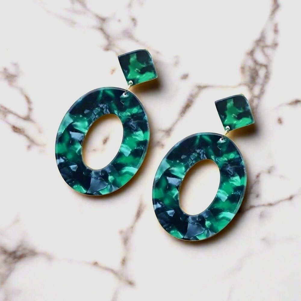 Zinnia Arts Abstract Pattern Large Oval Earrings Dark Green Gift Packaged - Picture 3 of 8